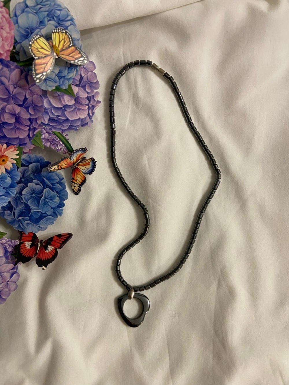 Gunmetal Gray Hematite Beaded Necklace with Heart Pendant 16.5”